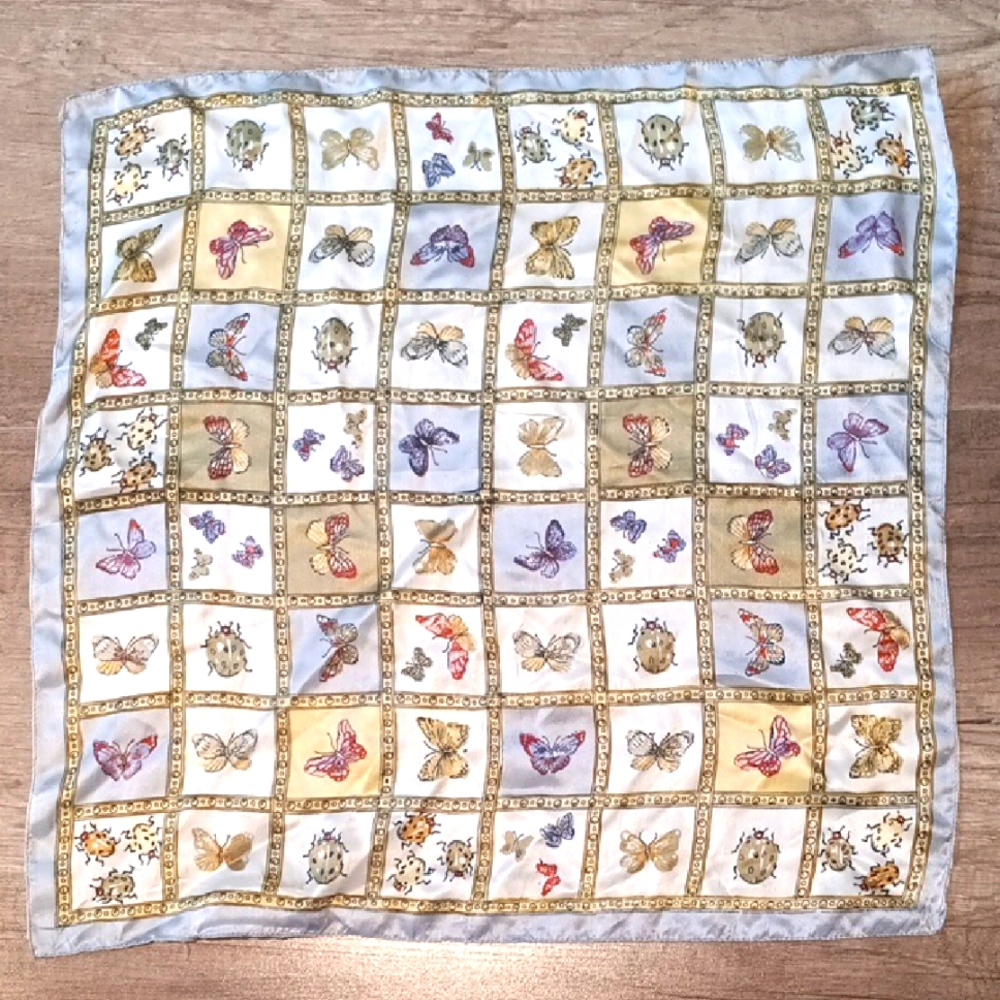 * Vintage Simon Chang Butterfly & Ladybug Silk Scarf